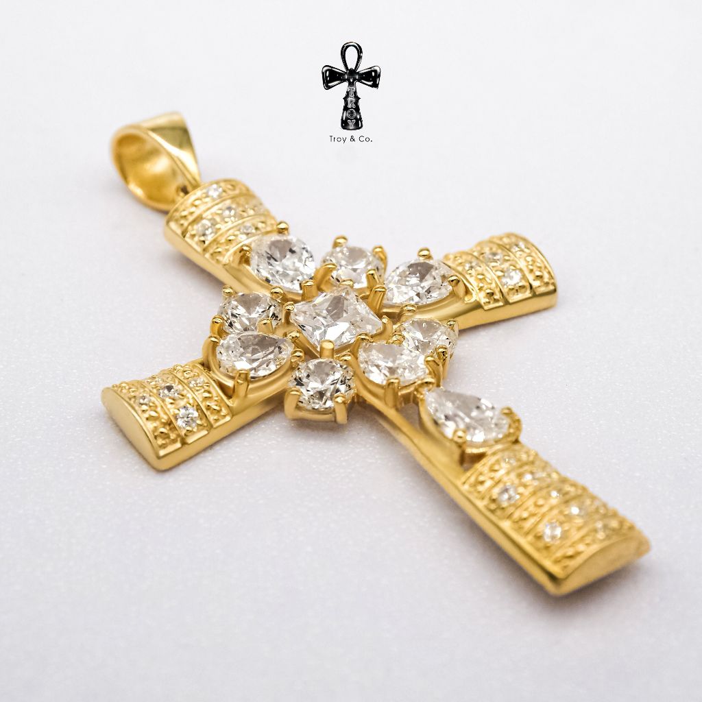 Custom Cross Pendant - Pear And Round Cut Created Diamond H&A Cut 925 Sterling Silver Setting With Cubic Zirconia (Cz) Plated With Gold / White Gold / Rose Gold Gifts Cross Catholic Christian Jesus Religious TP021CZ Troy & Co.
