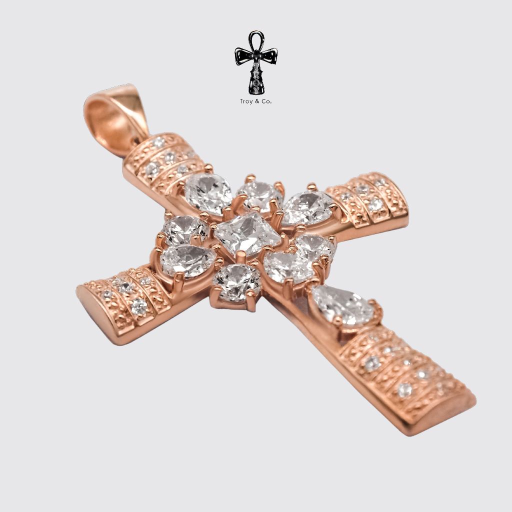 Custom Cross Pendant - Pear And Round Cut Created Diamond H&A Cut 925 Sterling Silver Setting With Cubic Zirconia (Cz) Plated With Gold / White Gold / Rose Gold Gifts Cross Catholic Christian Jesus Religious TP021CZ Troy & Co.