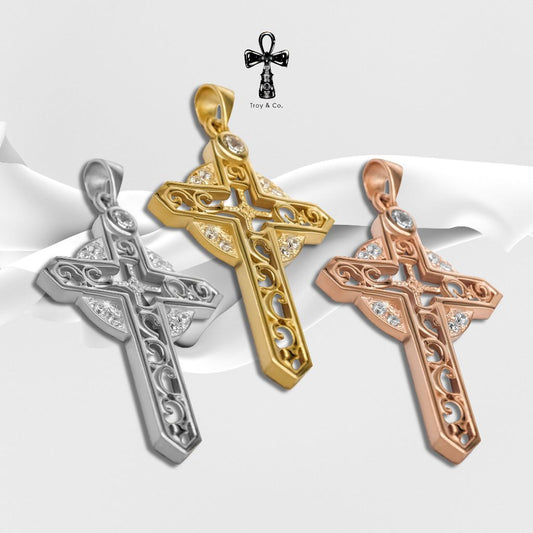 Custom Celtic Cross Pendant - Oval And Round Diamond H&A Cut 925 Sterling Silver Setting With Cubic Zirconia (Cz) Plated With Gold / White Gold / Rose Gold Gifts Cross Catholic Pendant Christian Pendant Jesus Pendant Religious Pendant TP003CZ Troy & Co.