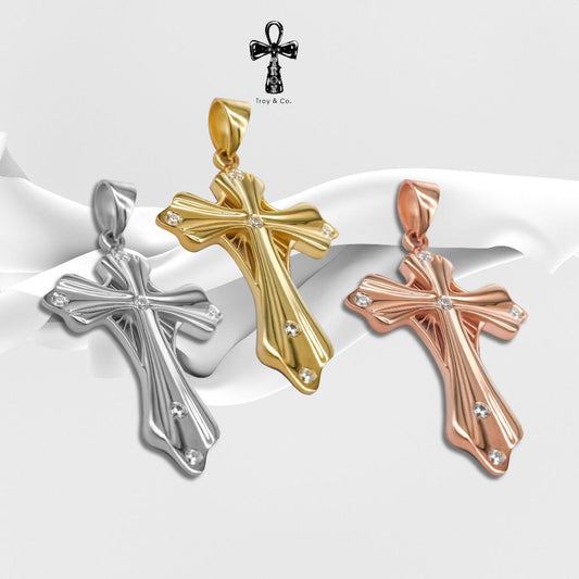 Custom Cross Pendant - Bezel Setting Round Diamond H&A Cut 925 Sterling Silver Setting With Cubic Zirconia (Cz) Plated With Gold / White Gold / Rose Gold Gifts Cross Catholic Pendant Christian Pendant Jesus Pendant Religious Pendant  TP001CZ Troy & Co.