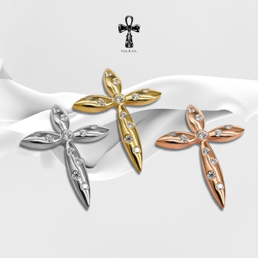 Custom Cross Pendant - Bezel Setting Round Diamond H&A Cut 925 Sterling Silver Setting With Cubic Zirconia (Cz) Plated With Gold / White Gold / Rose Gold Gifts Cross Catholic Pendant Christian Pendant Jesus Pendant Religious Pendant  TP008CZ Troy & Co.