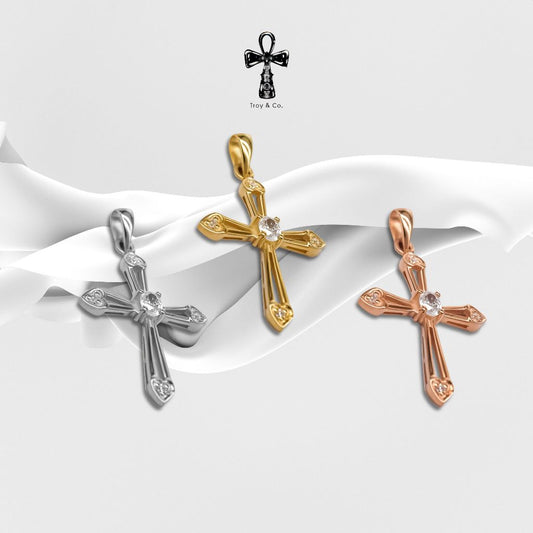 Custom Cross Pendant - Oval And Round  Diamond H&A Cut 925 Sterling Silver Setting With Cubic Zirconia (Cz) Plated With Gold / White Gold / Rose Gold Gold Gifts Cross Catholic Pendant Christian Pendant Jesus Pendant Religious Pendant TP013CZ Troy & Co.