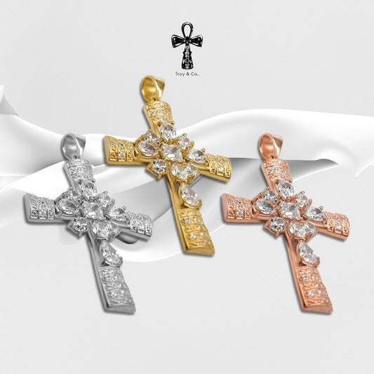 Custom Cross Pendant - Pear And Round Cut Created Diamond H&A Cut 925 Sterling Silver Setting With Cubic Zirconia (Cz)  Plated With Gold / White Gold / Rose Gold Gifts Cross Catholic  Christian  Jesus  Religious TP021CZ Troy & Co.