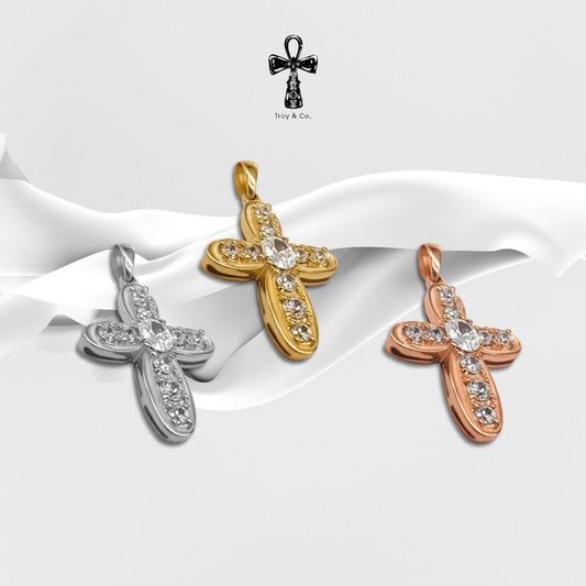 Custom Cross Pendant - Pear Diamond H&A Cut 925 Sterling Silver Setting With Cubic Zirconia (Cz) Plated With Gold / White Gold / Rose Gold Anniversary Gifts Cross Catholic Pendant Christian Pendant Jesus Pendant Religious Pendant TP011CZ Troy & Co.