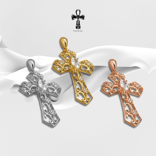 Custom Cross Pendant - Round And Oval  Diamond H&A Cut 925 Sterling Silver Setting With Cubic Zirconia (Cz) Plated With Gold / White Gold / Rose Gold Gifts Cross Catholic Pendant Christian Pendant Jesus Pendant Religious Pendant TP007CZ Troy & Co.