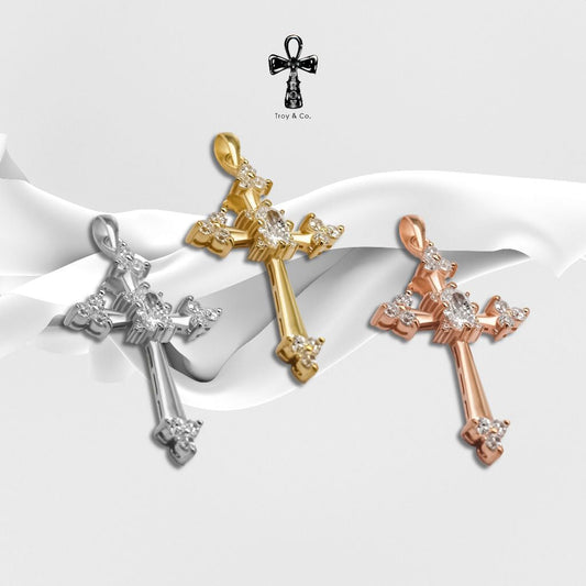 Custom Cross Pendant - Round And Oval  Diamond H&A Cut 925 Sterling Silver Setting With Cubic Zirconia (Cz) Plated With Gold / White Gold / Rose Gold Gifts Cross Catholic Pendant Christian Pendant Jesus Pendant Religious Pendant TP019CZ Troy & Co.