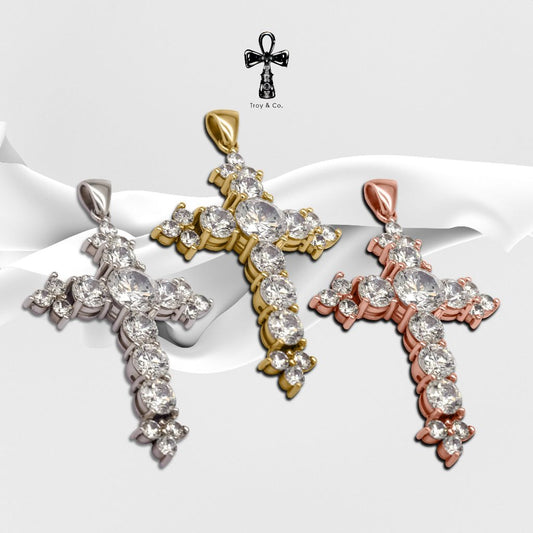 Custom Cross Pendant - Round Diamond H&A Cut 925 Sterling Silver Setting With Cubic Zirconia (Cz)  Plated With Gold / White Gold / Rose Gold Gifts Cross Handmade Catholic Pendant Christian Pendant Jesus Pendant Religious Pendant TP016CZ Troy & Co.
