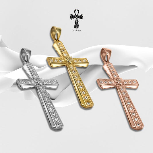 Custom Cross Pendant - Round Diamond H&A Cut 925 Sterling Silver Setting With Cubic Zirconia (Cz) Plated With Gold / White Gold / Rose Gold Gifts Cross Handmade Catholic Pendant Christian Pendant Jesus Pendant Religious Pendant TP020CZ Troy & Co.