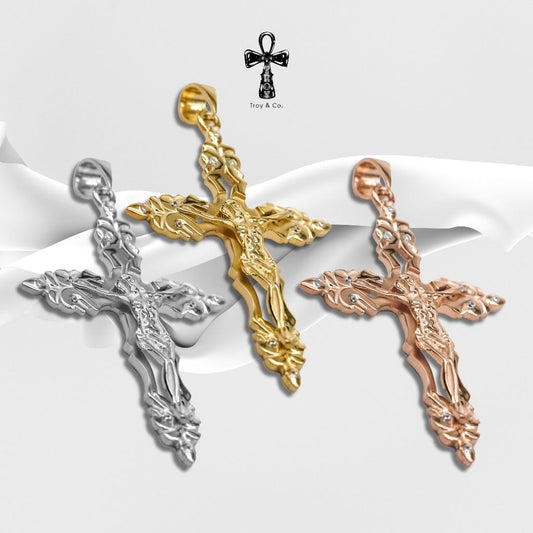 Custom Cross Pendant Crucifix Pendant - Round Diamond H&A Cut 925 Sterling Silver Setting With Cubic Zirconia (Cz) Plated With Gold / White Gold / Rose Gold Gifts Cross Catholic Christian Jesus  Religious Crucifix TP004CZ Troy & Co.