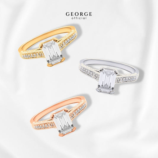 Solitaire Ring Emerlad ﻿H&A Cut 925 Sterling Silver Setting With Cubic Zirconia (Cz) Plated With White Gold / Gold / Rose Gold Wedding Ring Promise Ring Diamond Ring Anniversary Gifts GR031CZ GEORGE Jewelry