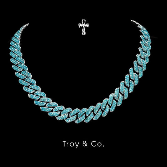 Aqua Blue Cuban Chain, sea blue CZ diamond, summer style necklace, men's fashion TDN024 Troy & Co.